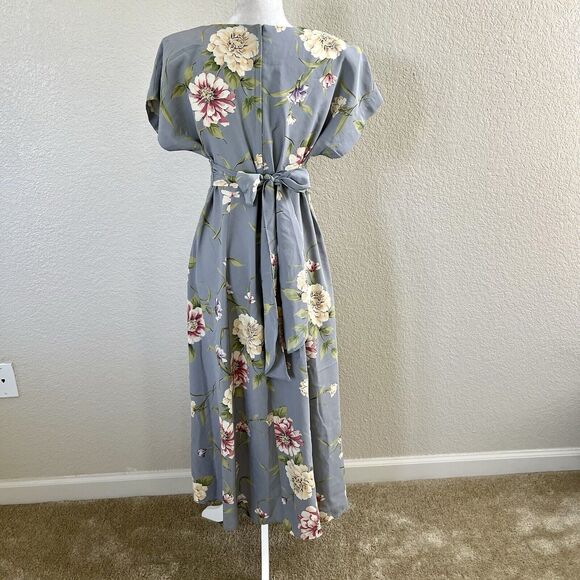 Vtg 80s 90s Dawn Joy Blue Floral Midi Dress Tie Waist Cottagecore Size 11/12 - Picture 6 of 14